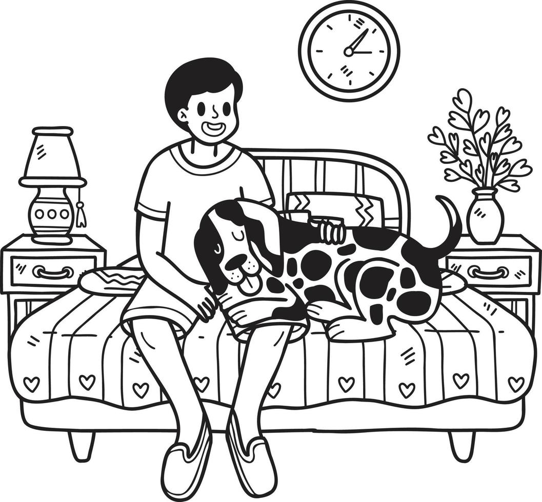 el dueño y el perro dibujados a mano están durmiendo en la ilustración de la habitación en estilo garabato vector