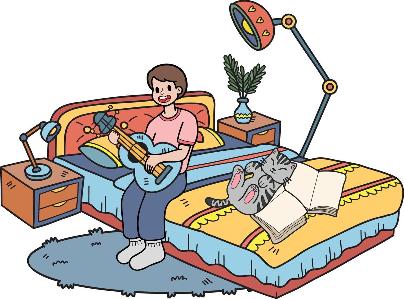 Hand Drawn The owner plays guitar with the cat in the bedroom illustration in doodle style vector