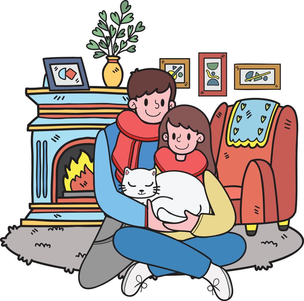 Hand Drawn Man and woman couple hugging a cat in the room illustration in doodle style vector