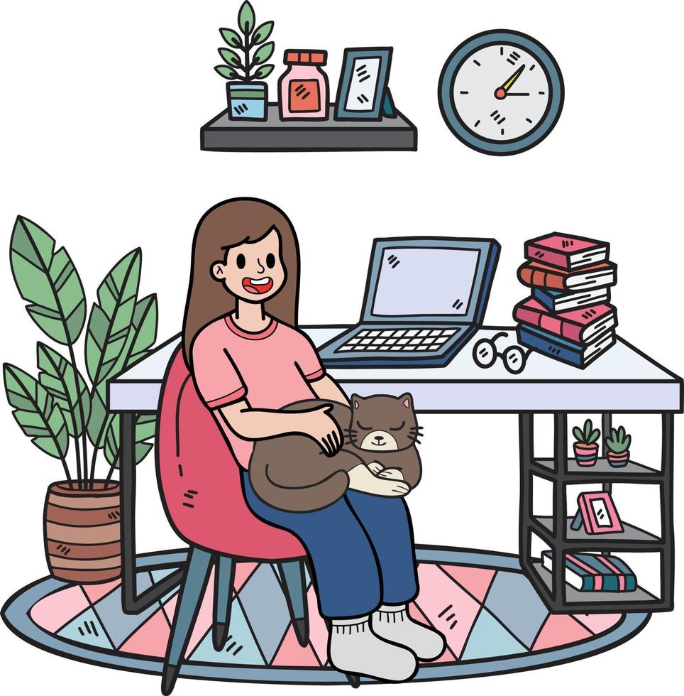 Hand Drawn The owner sits and hugs the cat in the office illustration in doodle style vector