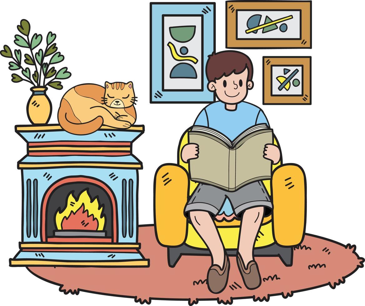 Hand Drawn The owner reads a book with the cat in the living room illustration in doodle style vector