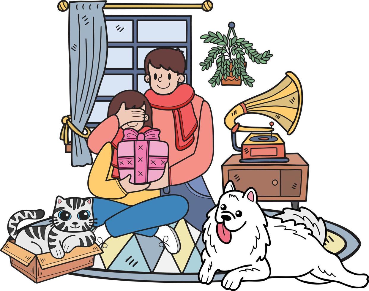 Hand Drawn Men give gifts to women with dogs and cats illustration in doodle style vector