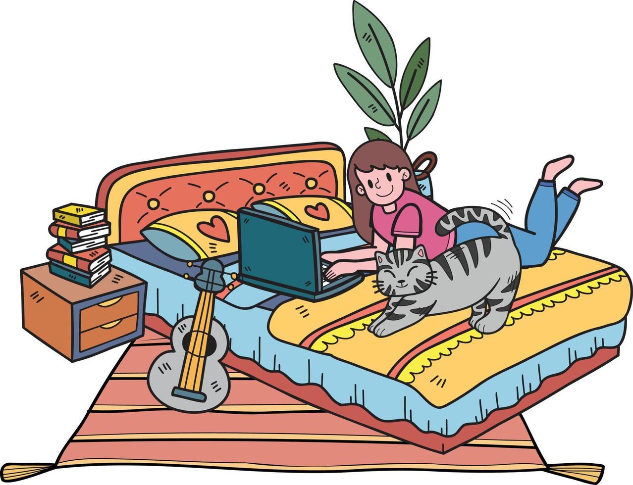 Hand Drawn Owner working on laptop with cat in office illustration in doodle style vector