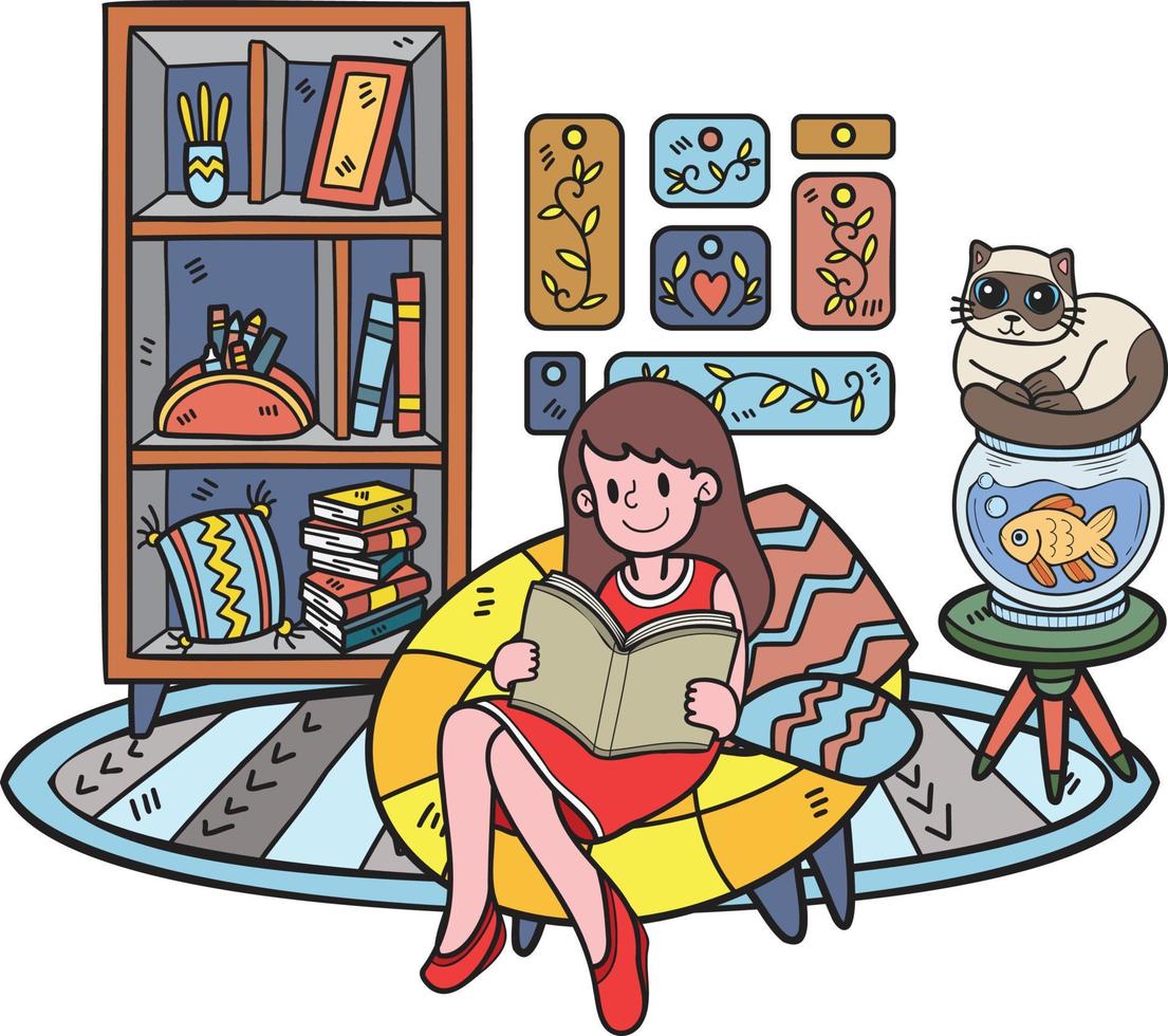 Hand Drawn The owner sits and reads a book with the cat in the living room illustration in doodle style vector