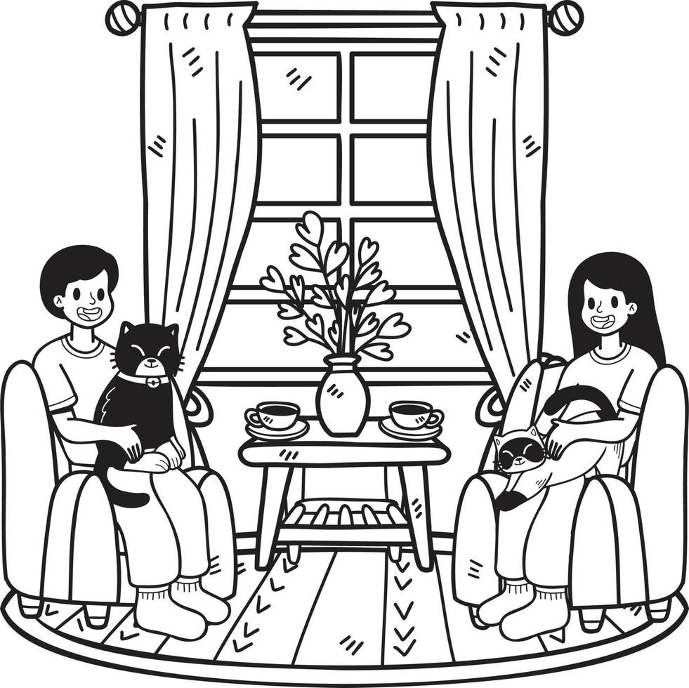 Hand Drawn The owner sits and hugs the cat in the room illustration in doodle style vector