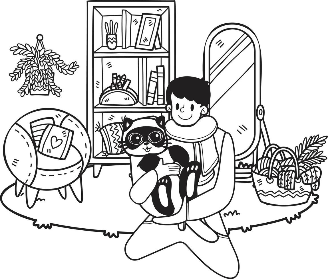 Hand Drawn The owner sits and hugs the cat in the room illustration in doodle style vector
