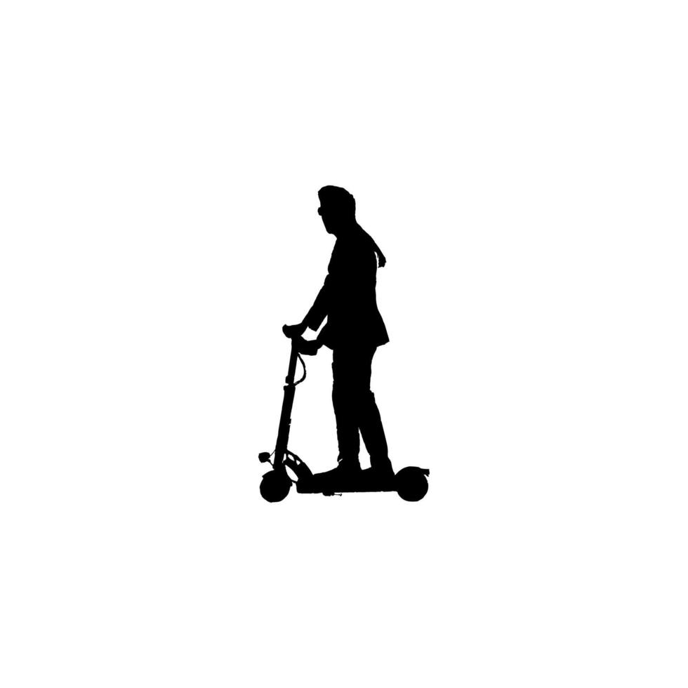 scooter eléctrico en icono de hombre. símbolo de fondo de cartel de transporte de ciudad de estilo simple. scooter eléctrico en el elemento de diseño del logo de la marca man. scooter eléctrico en la impresión de camisetas de hombre. vector para pegatina.