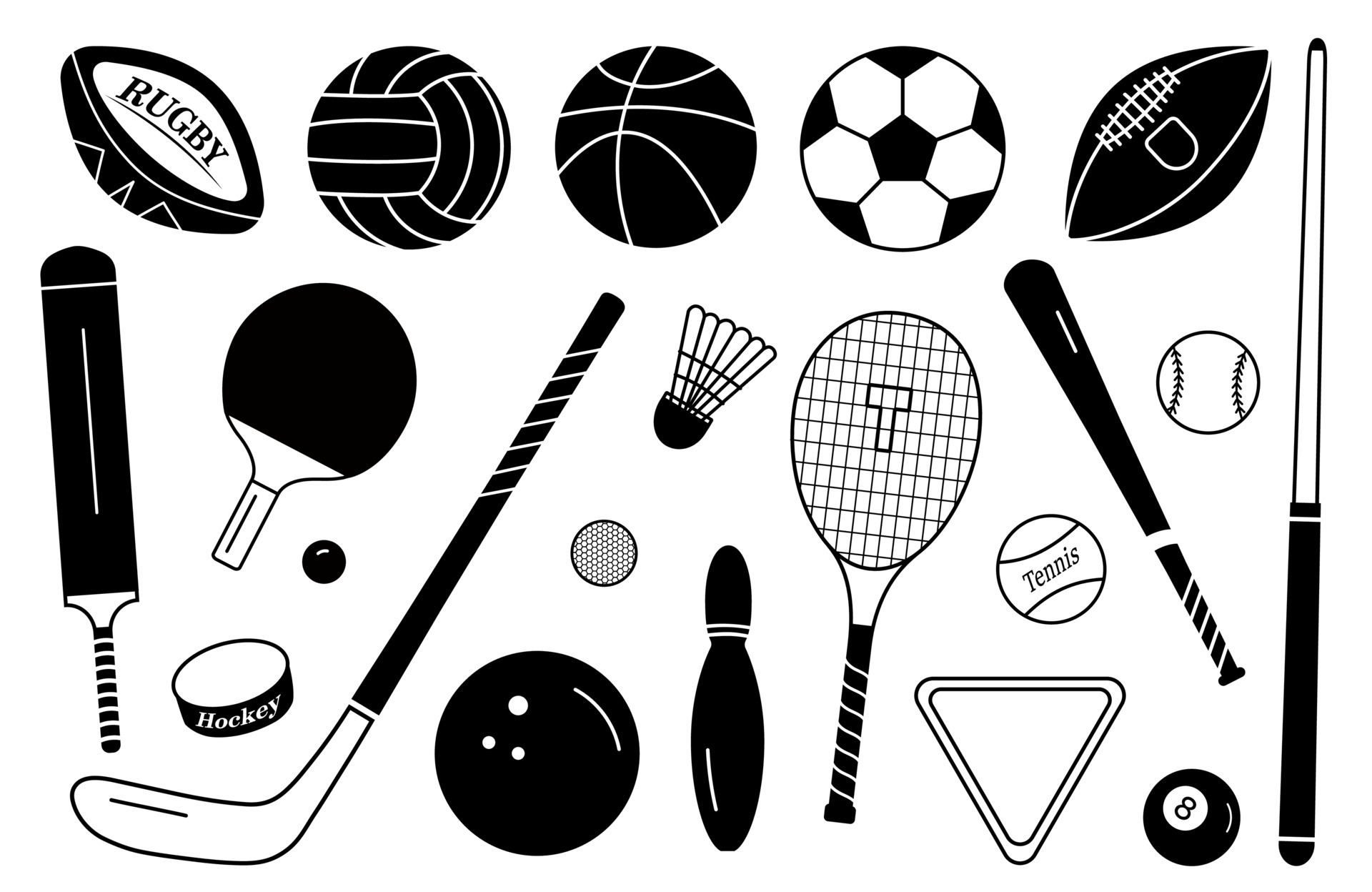 Sport silhouette balls and equipment set. Vector collection in a simple