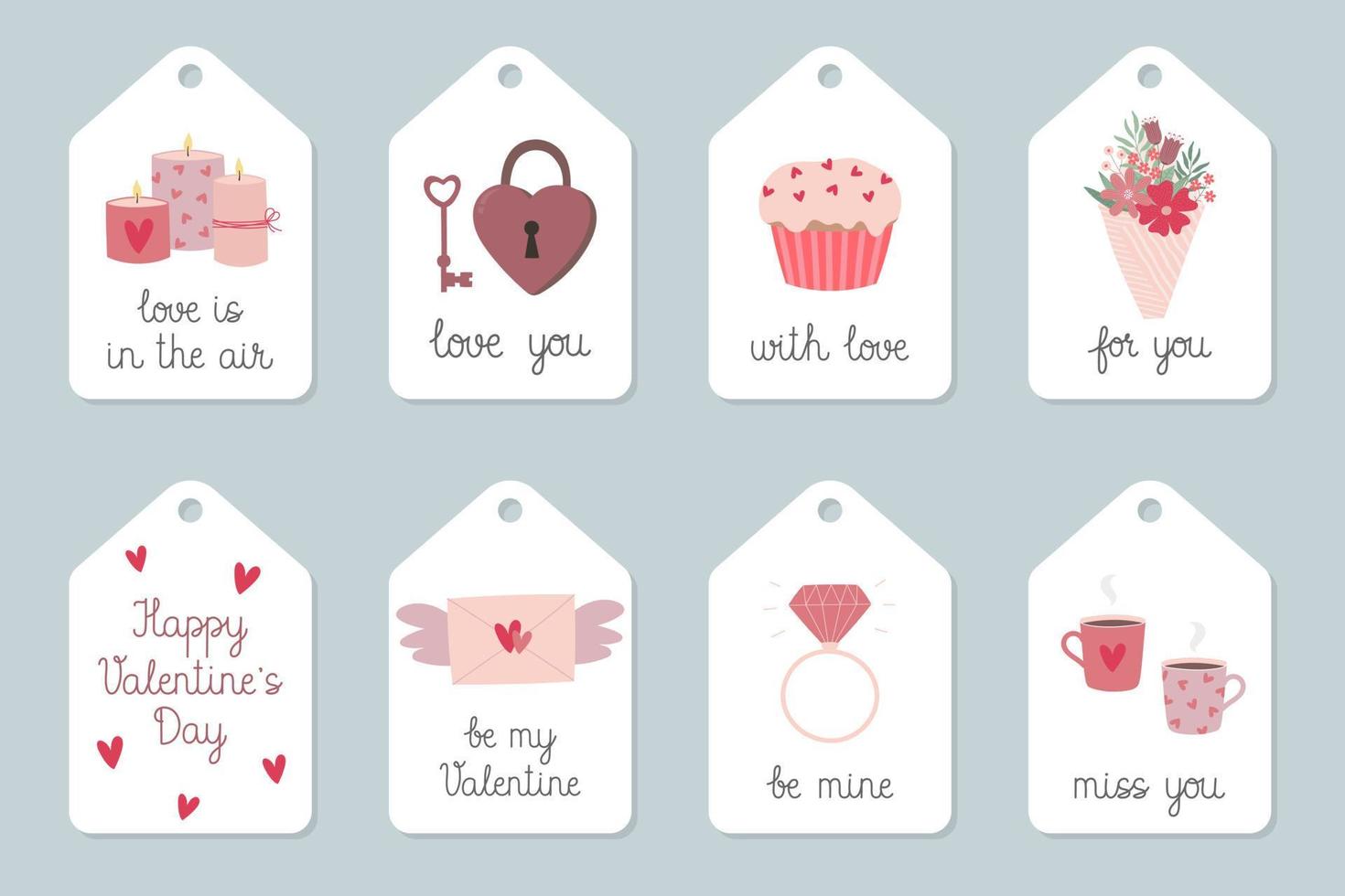 Set of Valentine's Day gift tags with hand drawn cute elements and lettering. Collection of hand drawn holiday label in pink, purple and red. vector