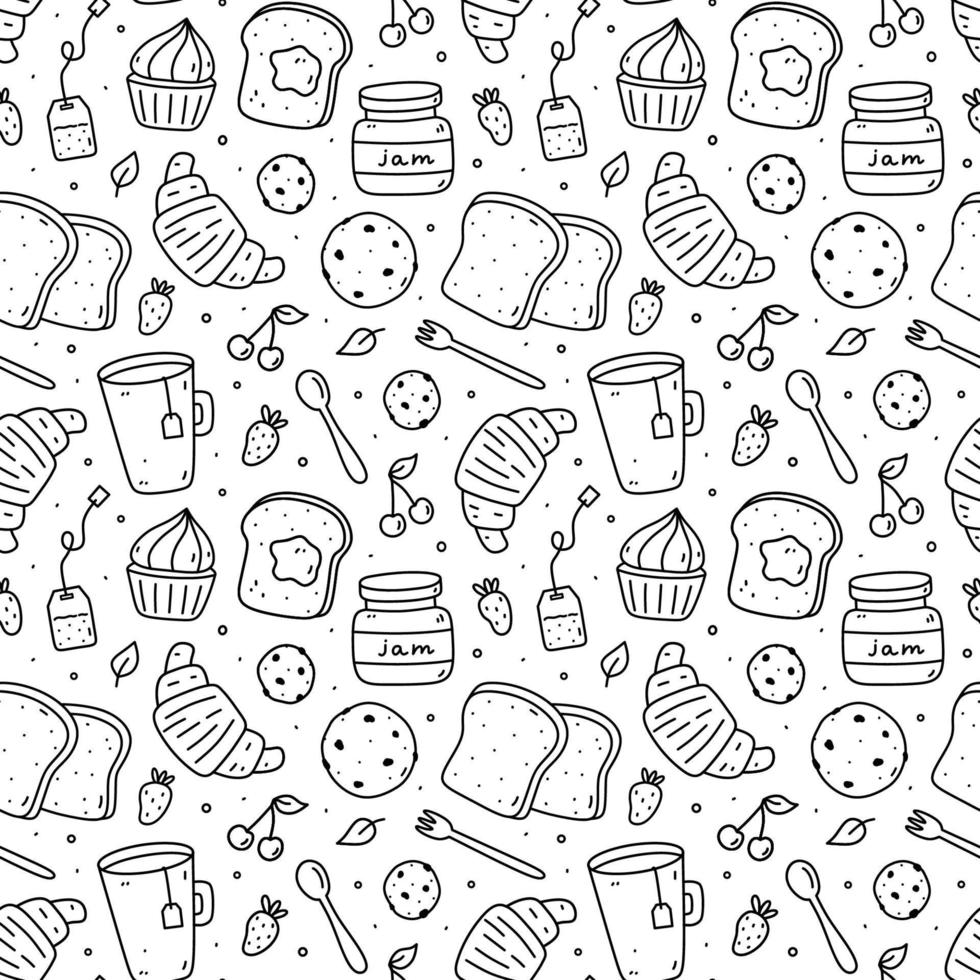 lindo patrón sin costuras con comida para el desayuno: té, tostadas, mermelada, croissants, galletas, pastelitos y bayas. ilustración vectorial de garabatos dibujados a mano. perfecto para imprimir, envolver, empapelar, varios diseños. vector