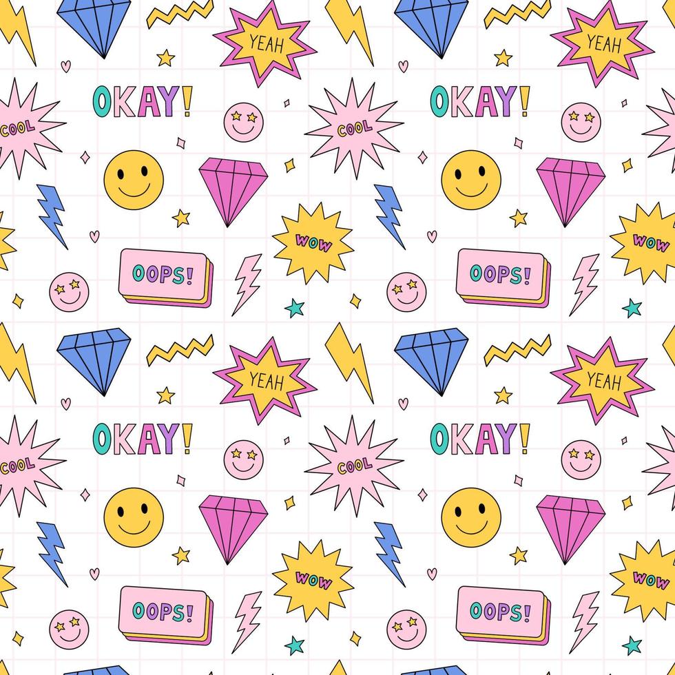 Bright seamless pattern in the style of the 90s. Colorful diamonds, lightnings, smile, speech bubbles and stars with words - cool, wow, yeah, oops. Nostalgia for the 1990s. Funny print. vector