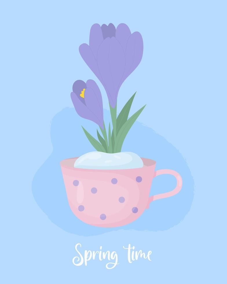 Spring poster with Crocus flower. First blooming purple saffron in snow in cup on blue background. Vector illustration in flat style for postcards, design, print, decor, covers.