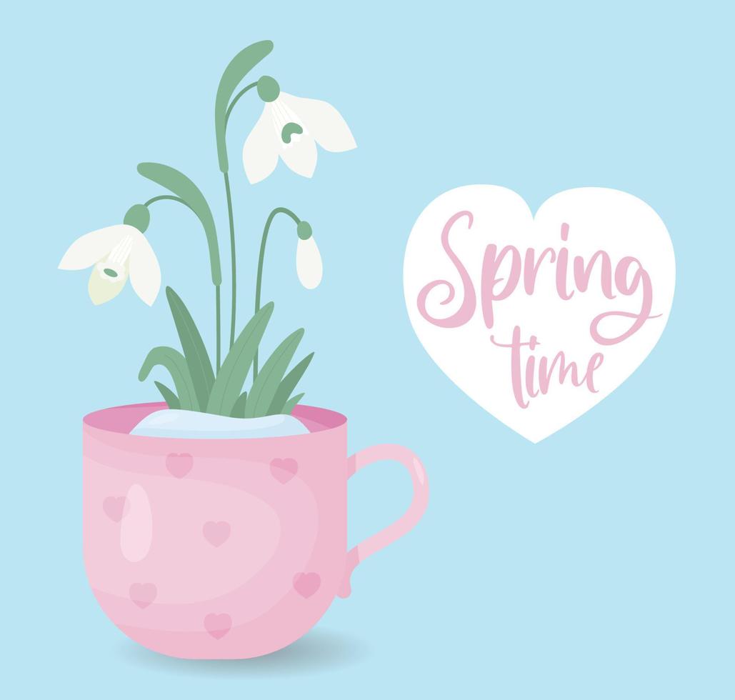 Spring time. Blooming snowdrops flowers in spring cup. Gentle forest white flower common snowdrop. Vector illustration in flat style. For design, decoration and printing.