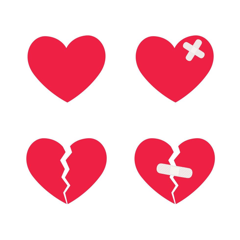 Harth set, broken heart and crack fixed with bandage. Breakup and heartbreak symbol. vector