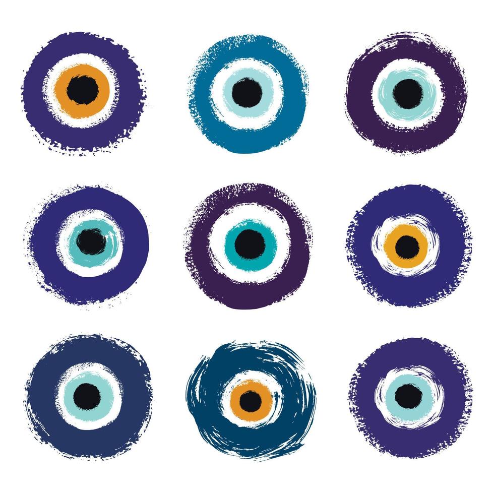 Set of grunge hand drawn Turkish evil eye. Symbol of protection in Greece, Cyprus. Amulet from evil eye. vector