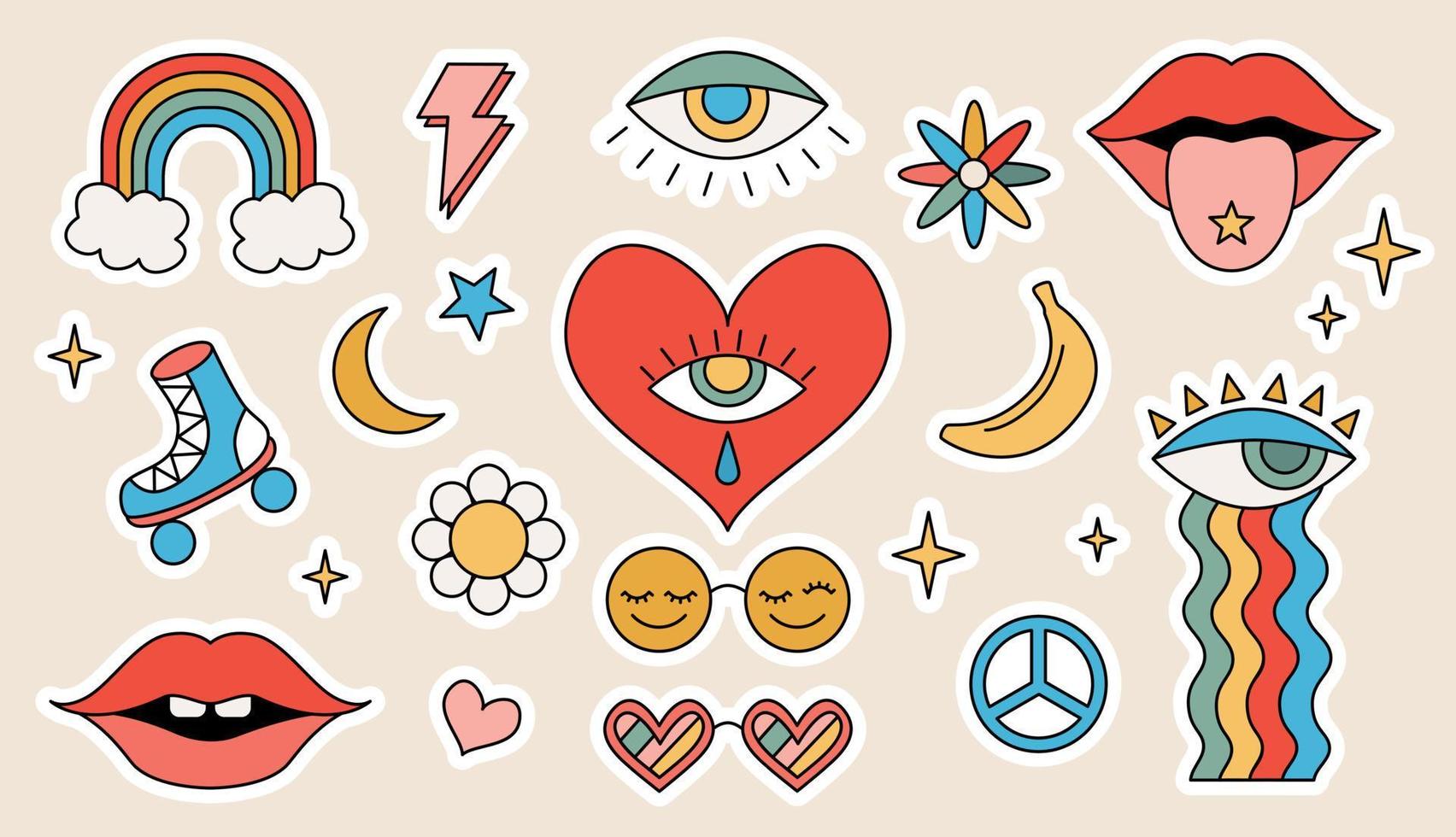 Set of vector elements retro vintage 70s groovy hippy style stickers. Cartoon flowers, rainbow, lips, eyes with tear, roller-skates and sunglasses. Vector illustration