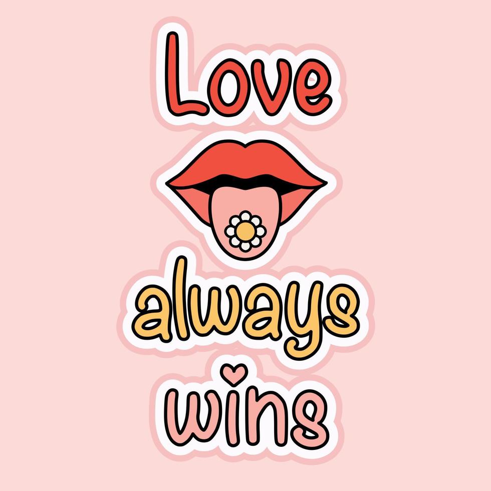 Illustration of lips with tongue in hippie retro groove style. Lettering love always wins. Vector illustration