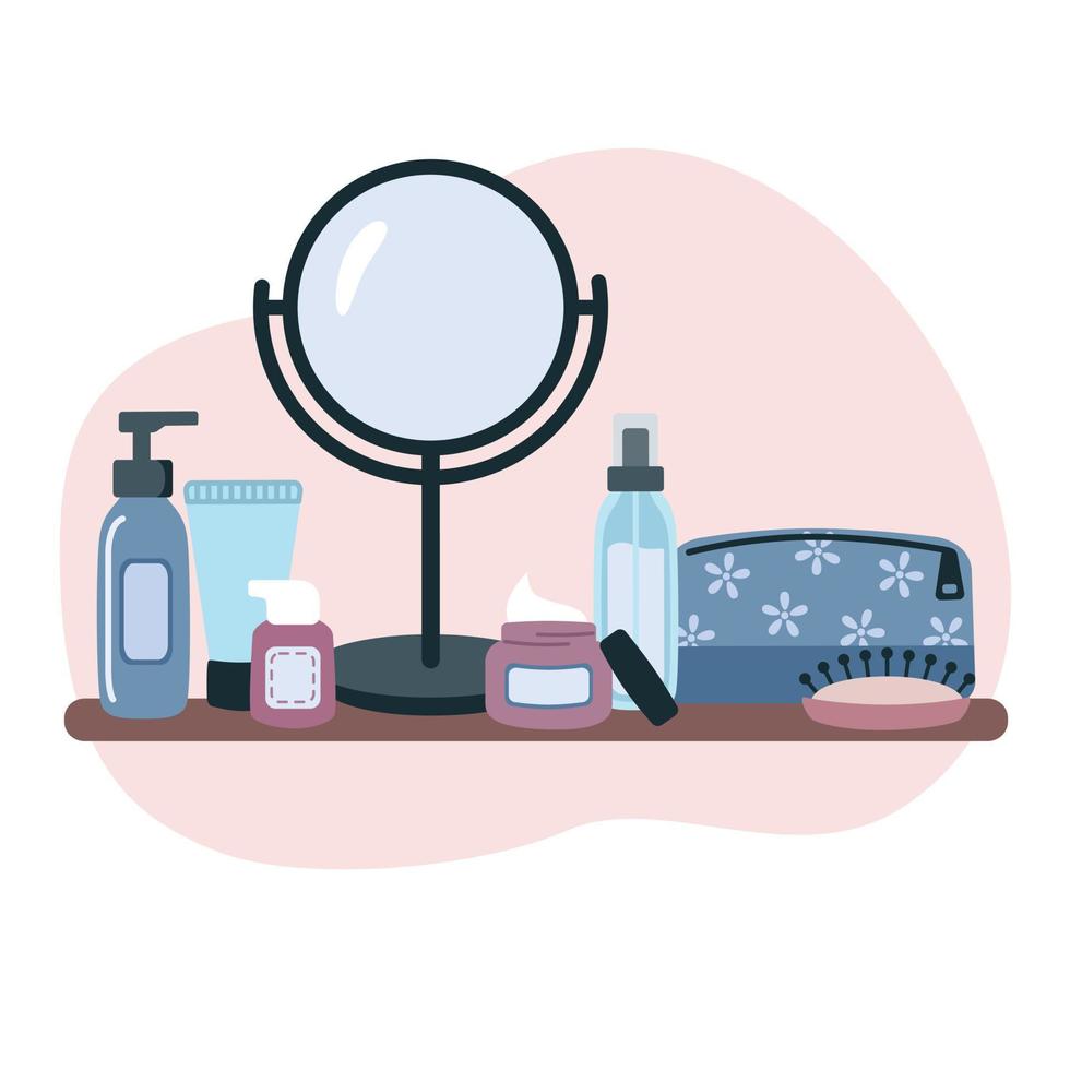 Composition with cosmetic products on the shelf, cleanser, cream, mirror, cream, comb, cosmetic bag. Skin care routine set. Flat cartoon vector illustration.