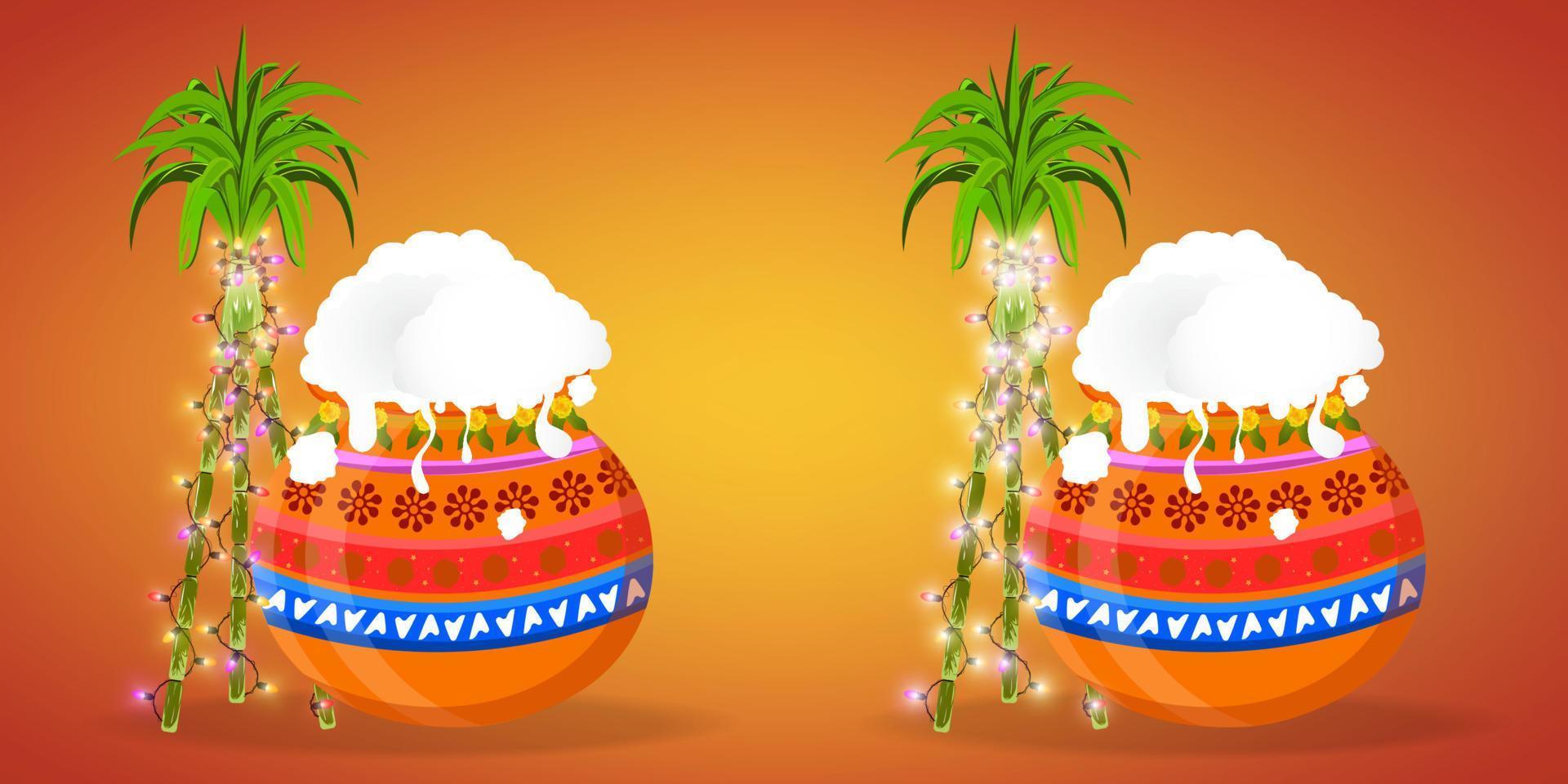 Happy Pongal Holiday Harvest Festival of Tamil Nadu South India. Canes decorated with flashing lights and a Pongal pot nearby. vector illustration