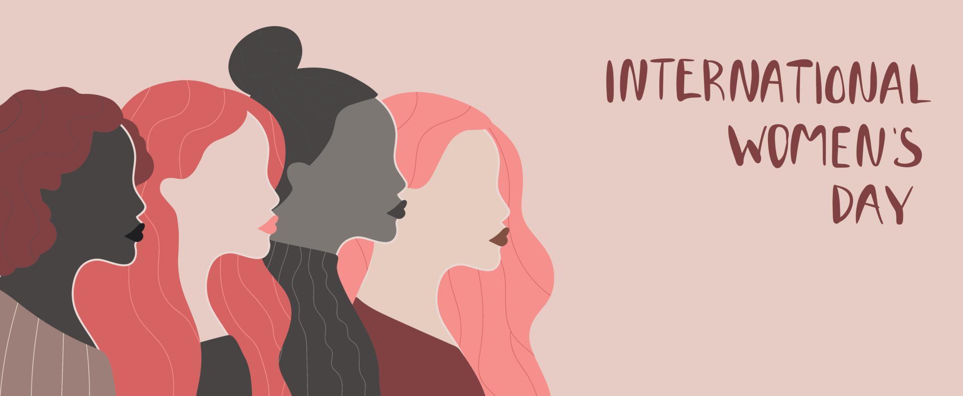 vector banner horizontal del día internacional de la mujer con mujeres felices de diferentes nacionalidades. Cartel del 8 de marzo. fondo pastel para web, pancarta