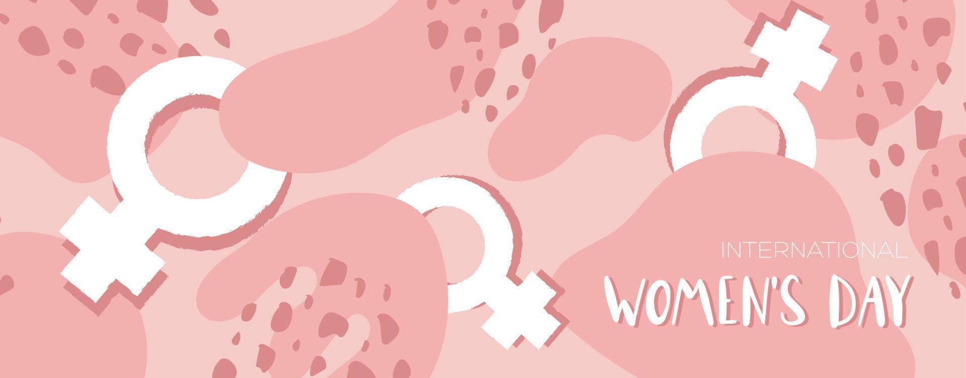 Vector International Women's Day horizontal banner. 8th march. Soft Pink poster with abstract shapes and female symbol. Vector background in flat style for greeting card, postcard, web, banner