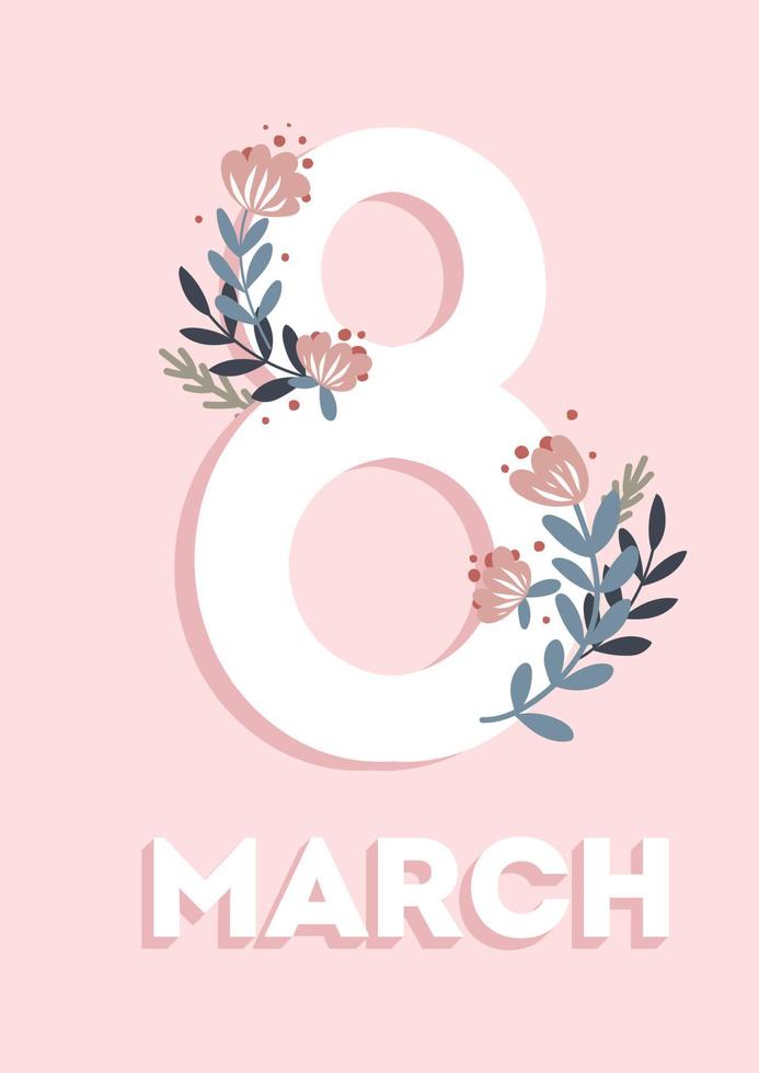 feliz día de la mujer 8 de marzo tarjeta de felicitación de vacaciones. símbolo femenino dibujado a mano con hermosa decoración primaveral y flores. cartel plano sobre fondo rosa suave vector