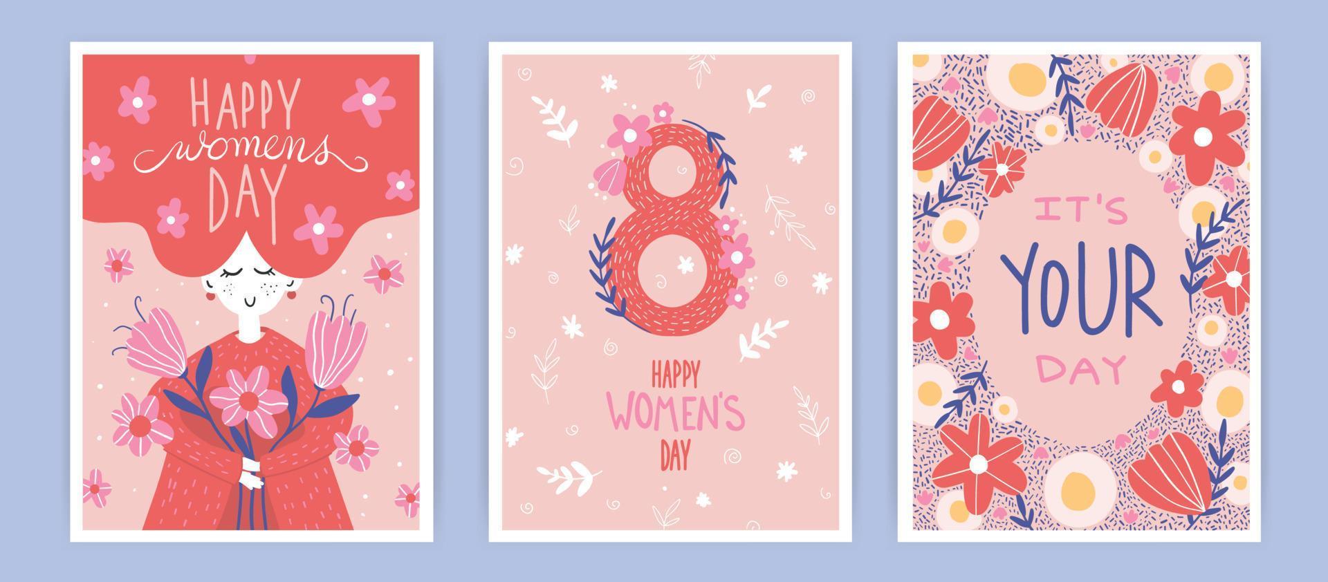 Set of vector greeting card or postcard templates with hand drawn flower bouquet, floral wreath, women and Happy Womens Day wish. Modern festive vector illustration for 8 March celebration