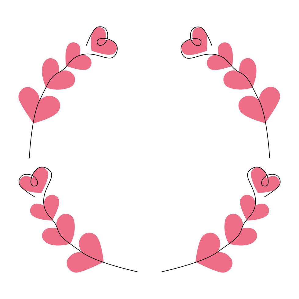 Abstract bright frame from one line drawing with hearts in trendy shades. Happy Valentines day. vector