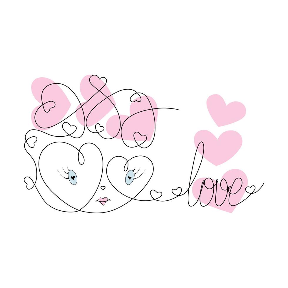 Continuous line drawing heart in cartoon style made up of many hearts and lettering Love. Valentine vector