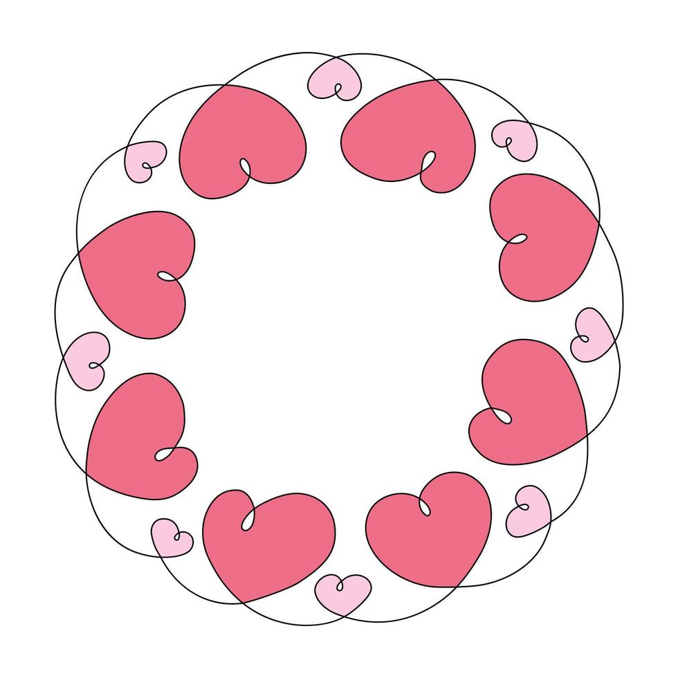 Abstract round frame made of hearts in one continuous line in trendy romantic hue. Valentines day vector
