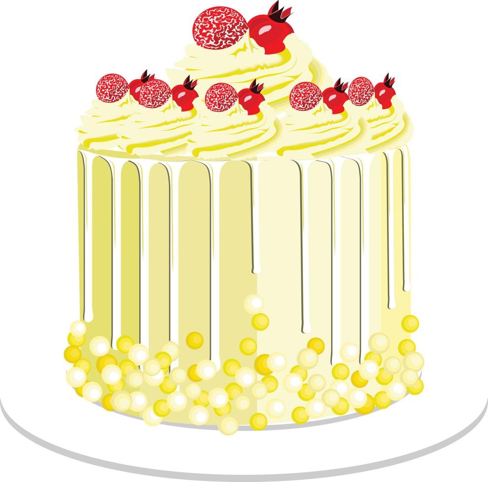 pastel de cumpleaños decorado con crema de limón y cerezas vector