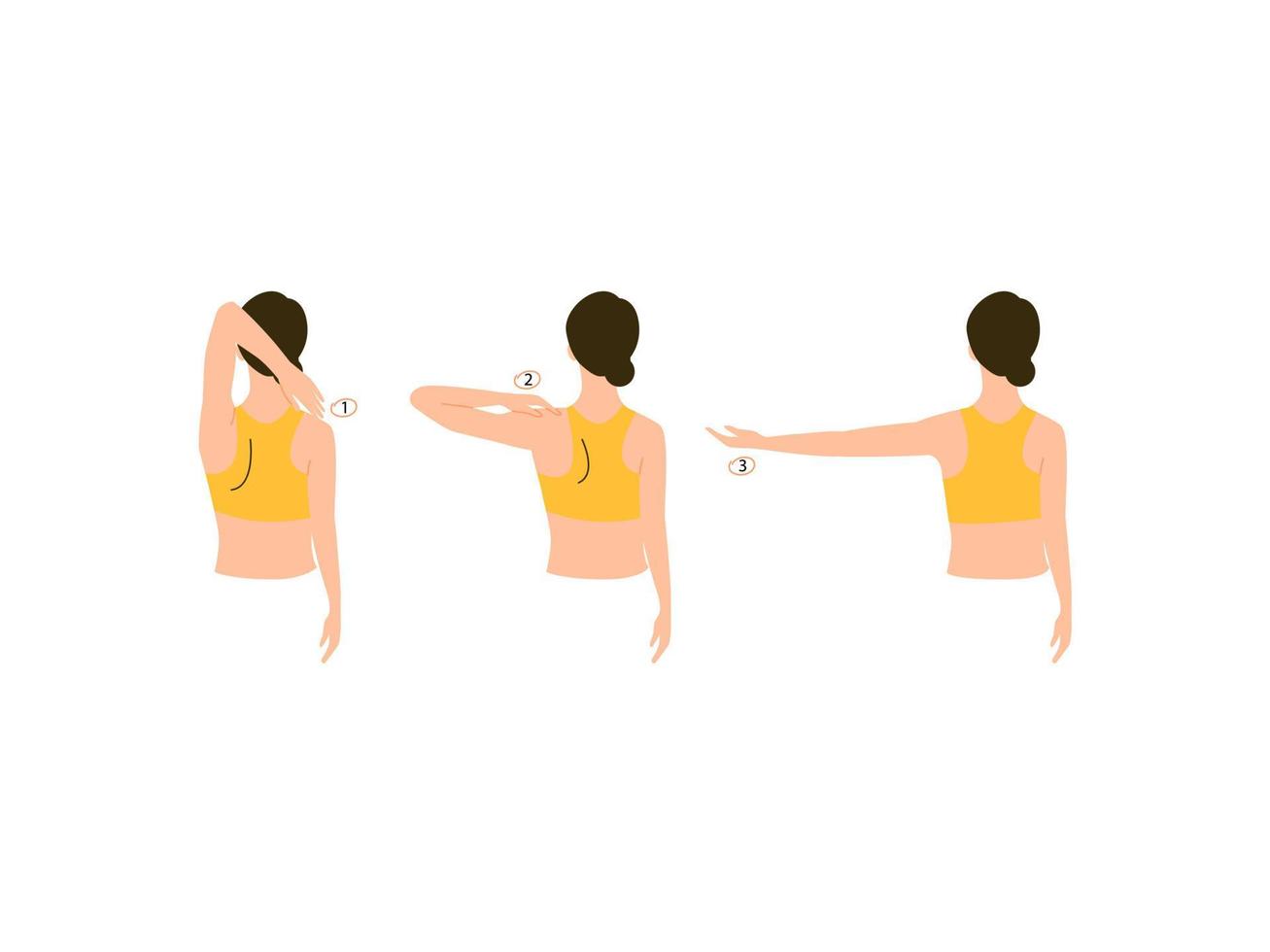 una mujer demuestra tocar el hombro opuesto con la mano. ejercicios de músculos de la espalda. ilustración plana vectorial. ejercicio femenino aislado sobre fondo blanco. chica atlética haciendo ejercicios vector