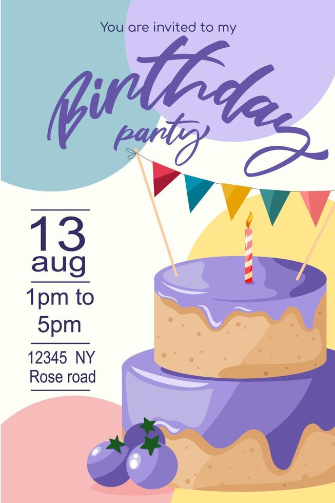 Colourful invitation for a birthday party. Handdrawn vector design.