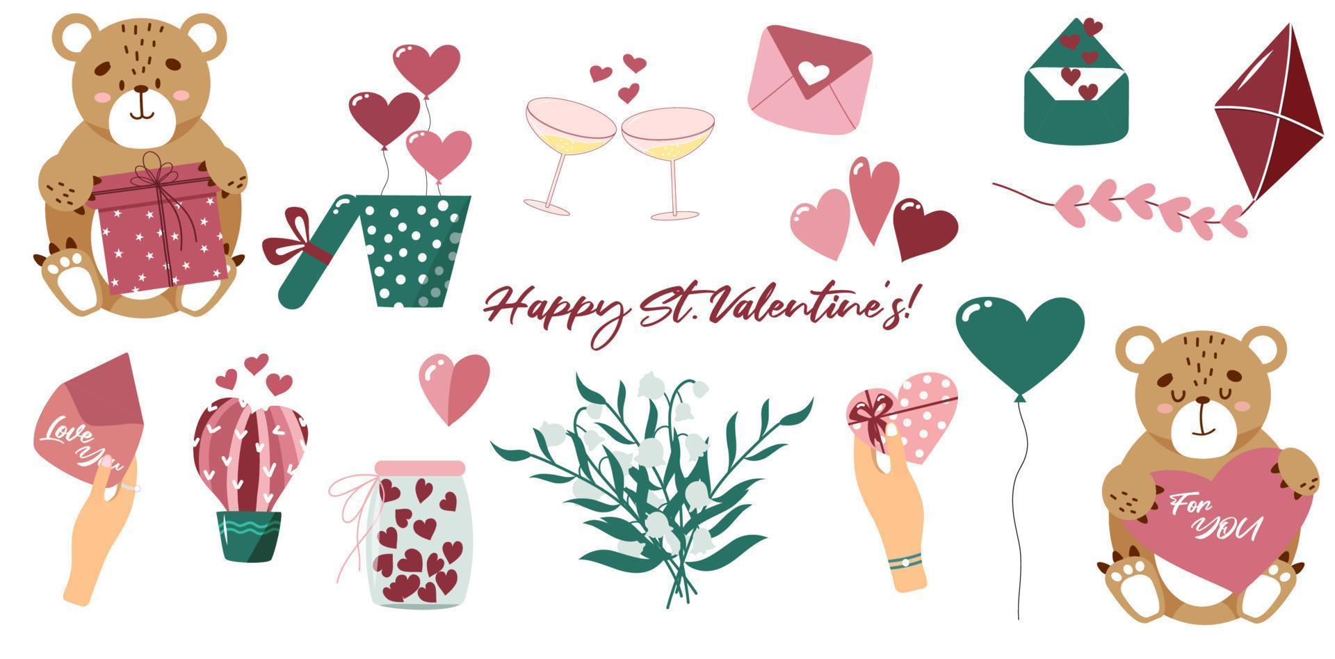 Valentine's day elements set. Hearts, cute bears, gifts, flowers, baloons, glasses. vector