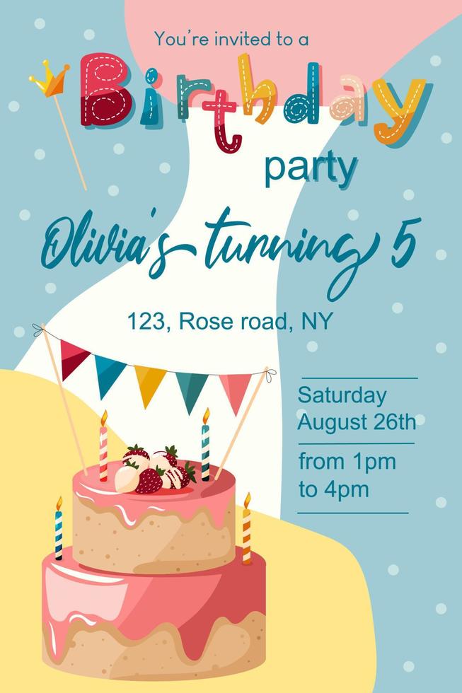 Birthday invitation template. Colourful vector design for a child birthday party.