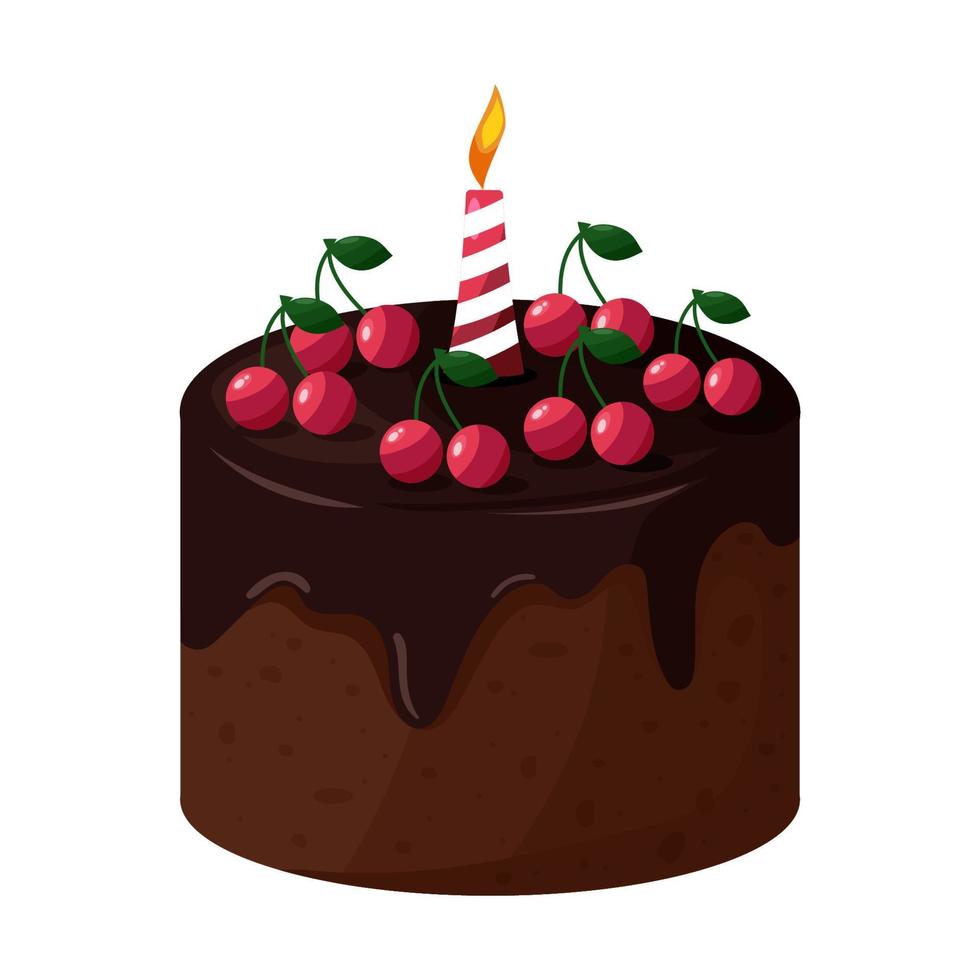 Festive wedding or anniversary chocolate cake with one candle and cherries. vector