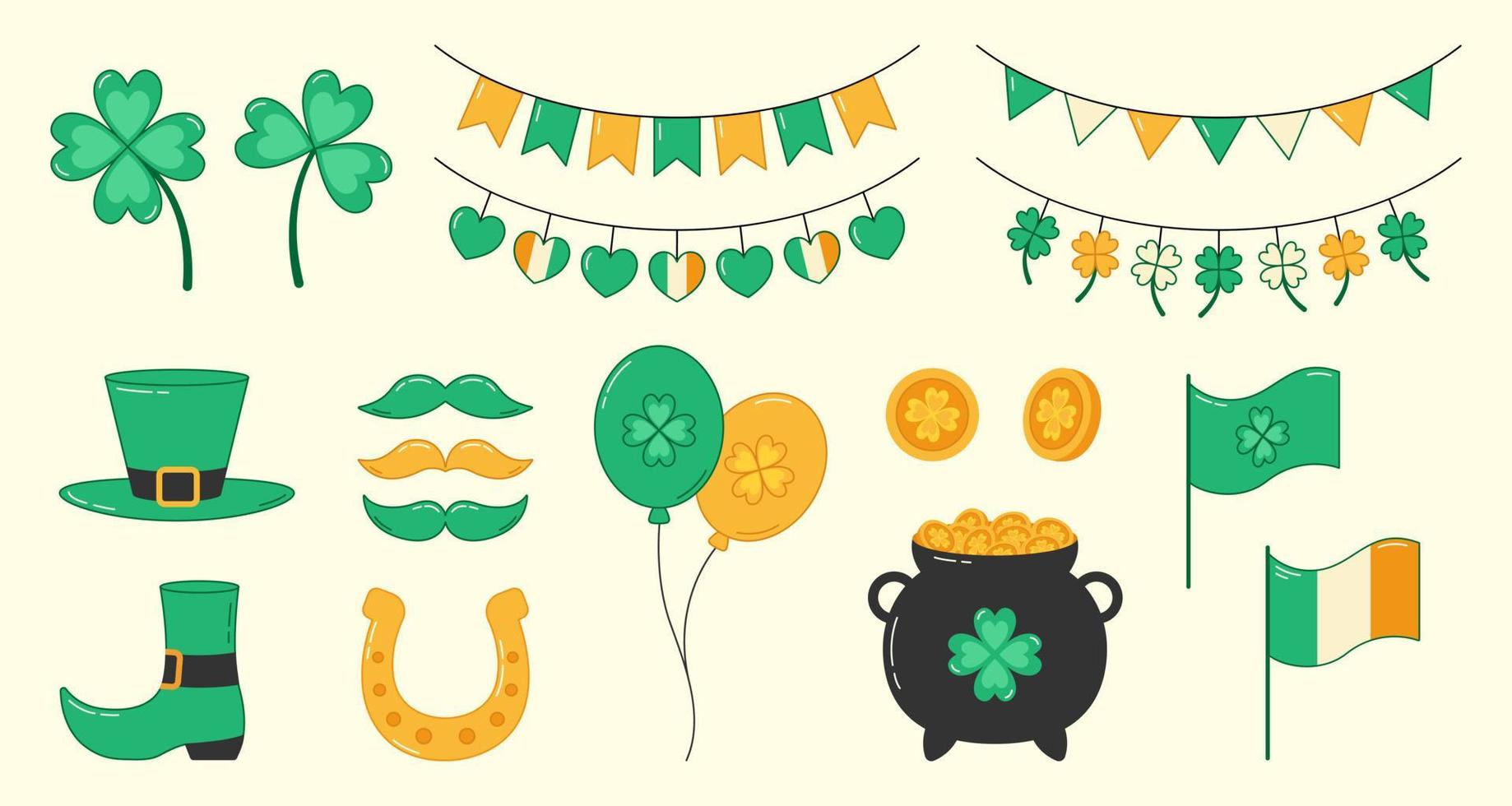 Saint Patricks day element collection. Clover, horseshoe, pot of gold coins, leprechaun hat and shoes. vector