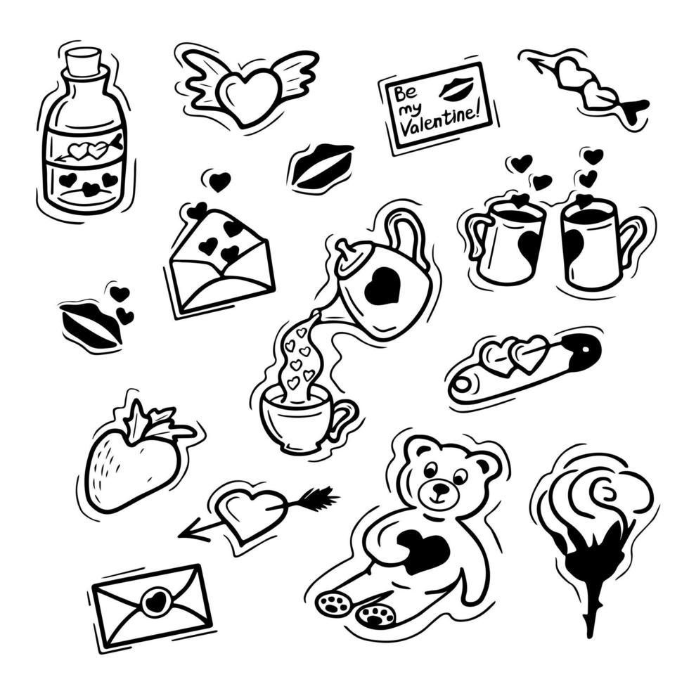 Set of love hand drawn elements. Cute doodle set of icons with hearts, letters, cups, potion, flower. Vector isolated illustration. Design for prints, cards and coloring page