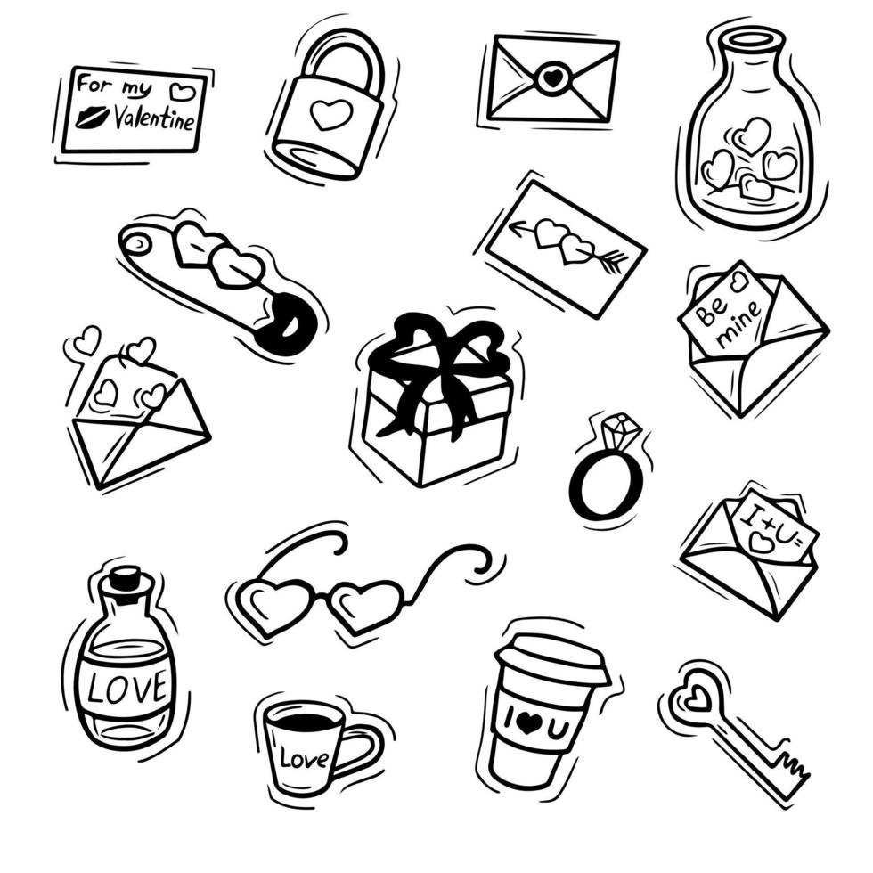 Set of love hand drawn elements. Cute doodle set of icons with hearts, letters, cups, gifts, potion, flower. Vector isolated illustration. Design for prints, cards and coloring page.