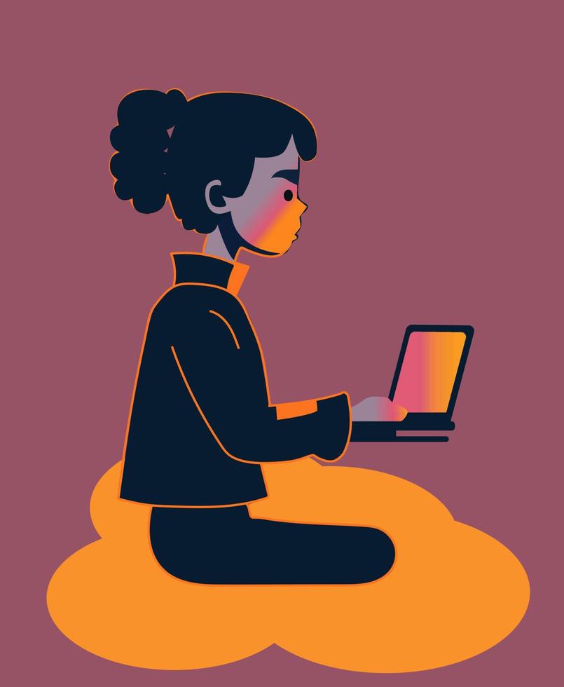 Girl sitting with laptop flat character vector