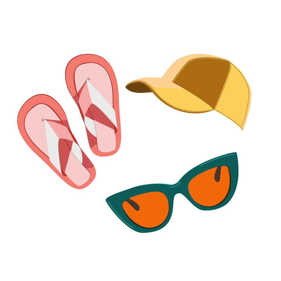 accesorios de verano sombrero, gafas de sol y sandalias en técnica plana vector