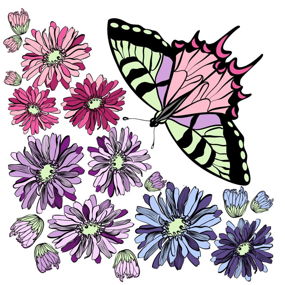 una mariposa con flores y capullos de gerbera vector