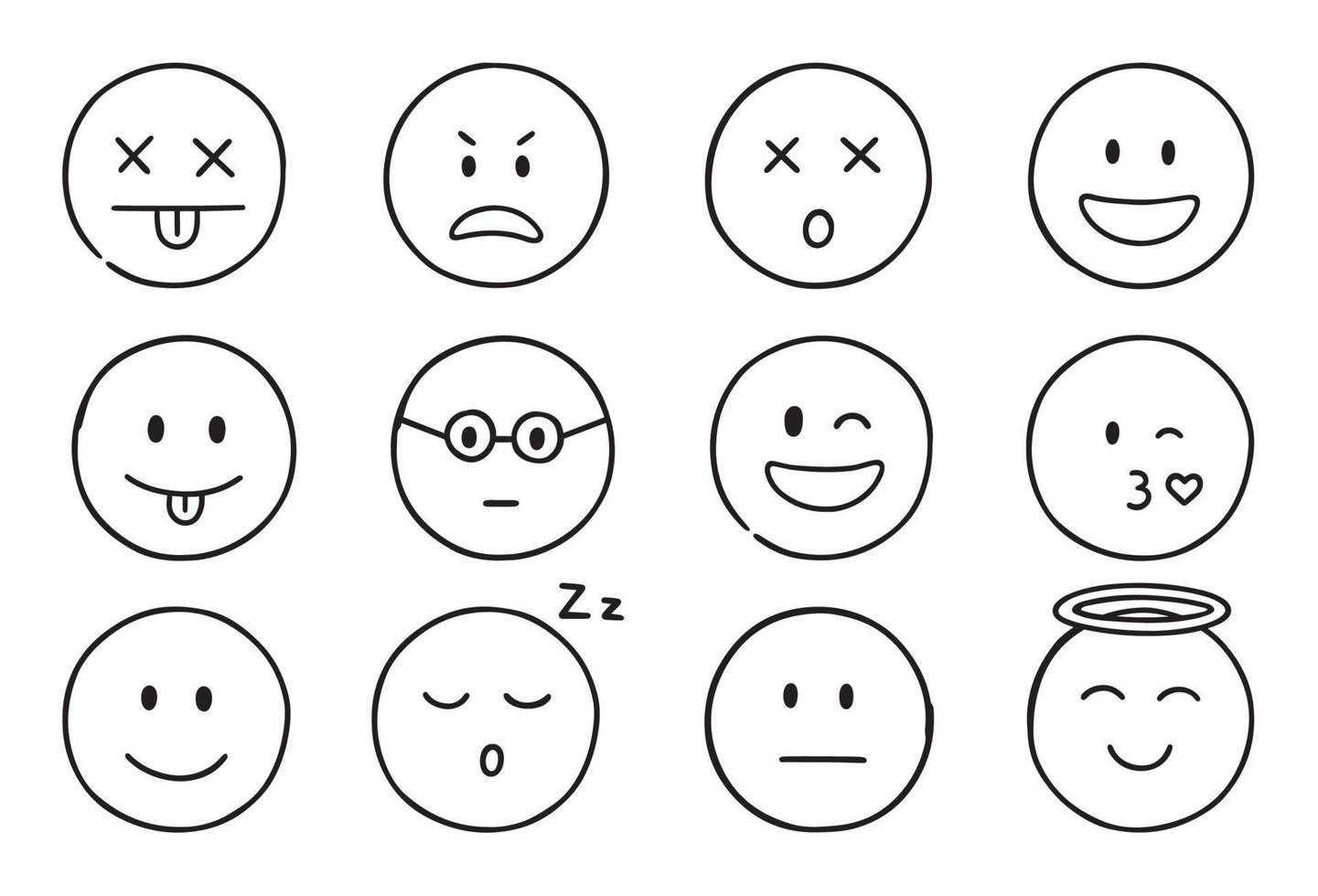 Emoji doodle icons. Set of happy, sad, smiling faces. Funny emoticons in sketch style.  Hand drawn vector illustration isolated on white background