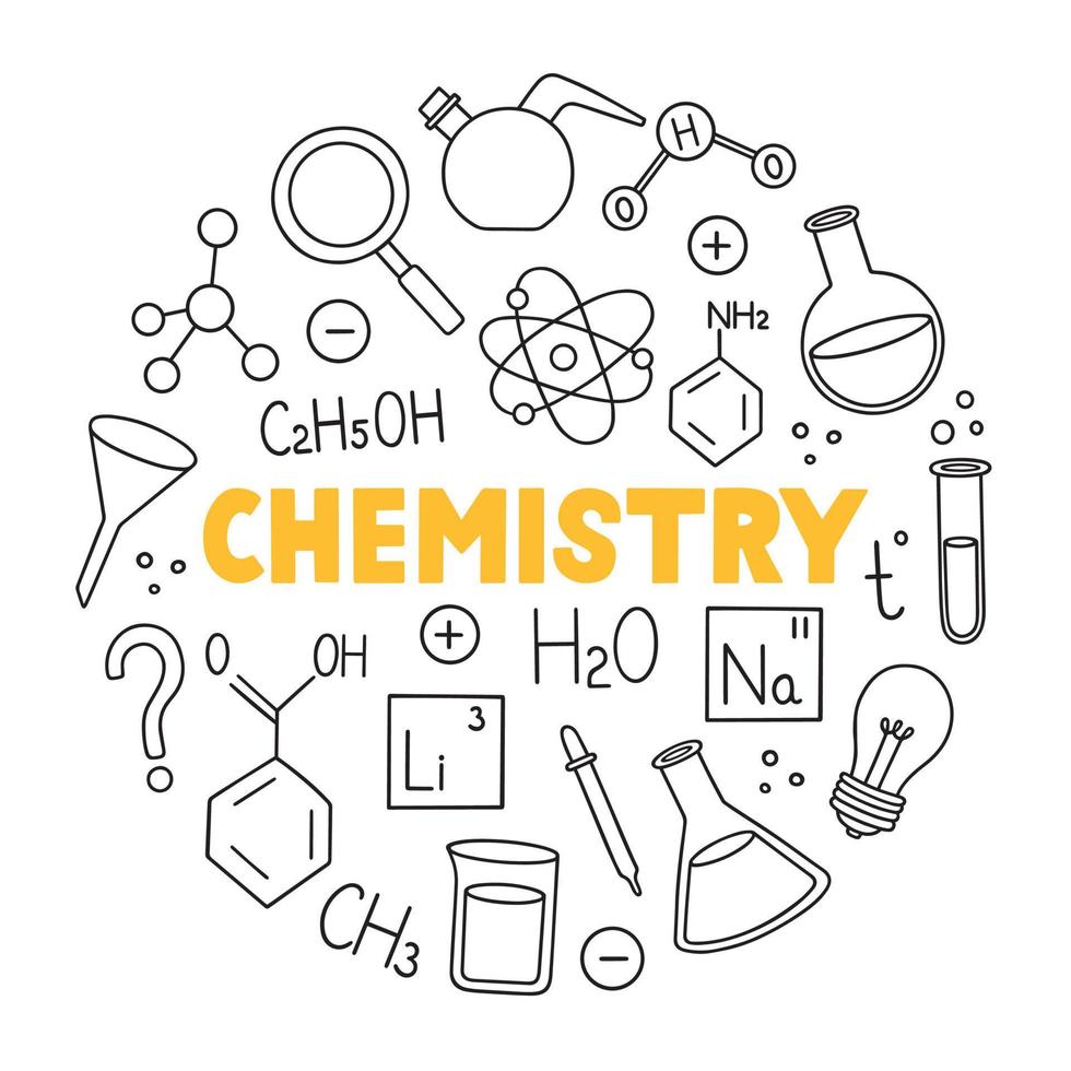 conjunto de garabatos de química. equipo de laboratorio químico en estilo boceto. matraces, fórmulas, microscopio, quemador ilustración vectorial dibujada a mano aislada en fondo blanco vector