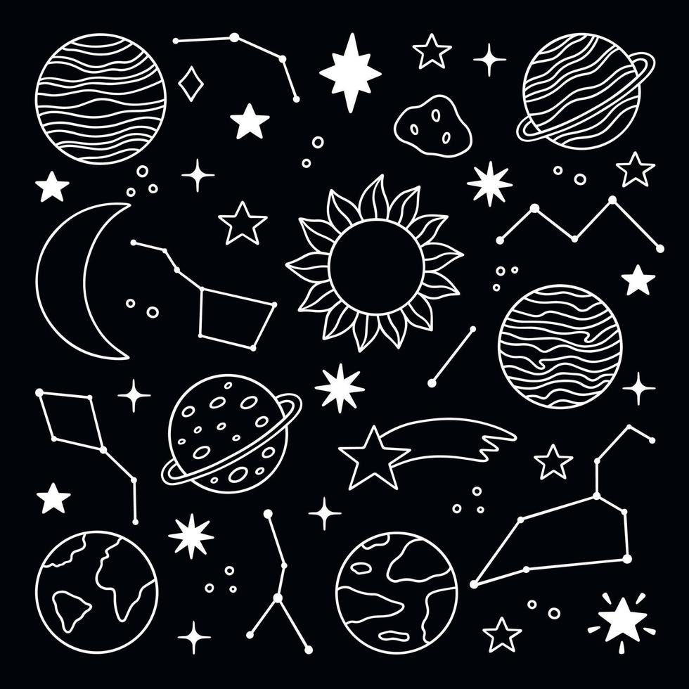 conjunto de garabatos espaciales. planetas, estrellas, constelaciones, luna en estilo boceto. sistema solar. ilustración vectorial dibujada a mano aislada sobre fondo negro vector