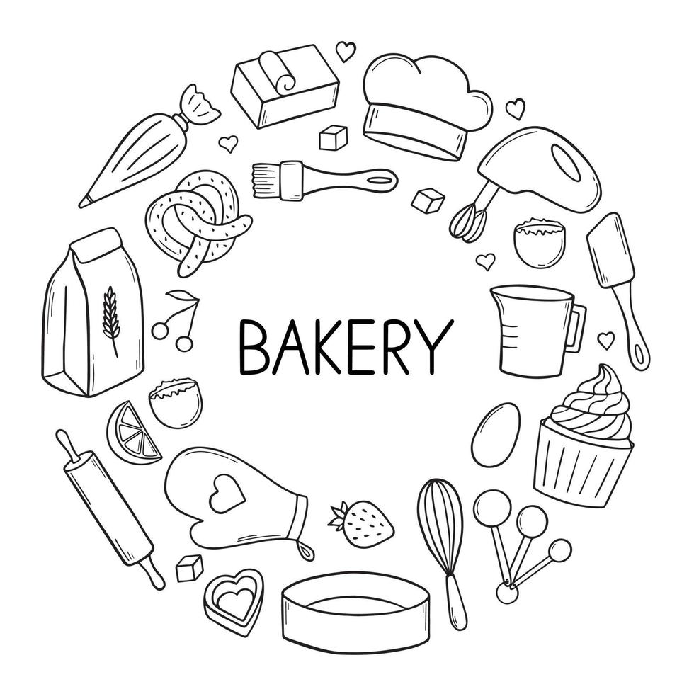 Bakery doodle set. Cooking elements. Mixer, butter, flour, spoon, whisk in sketch style.  Hand drawn vector illustration isolated on white background.