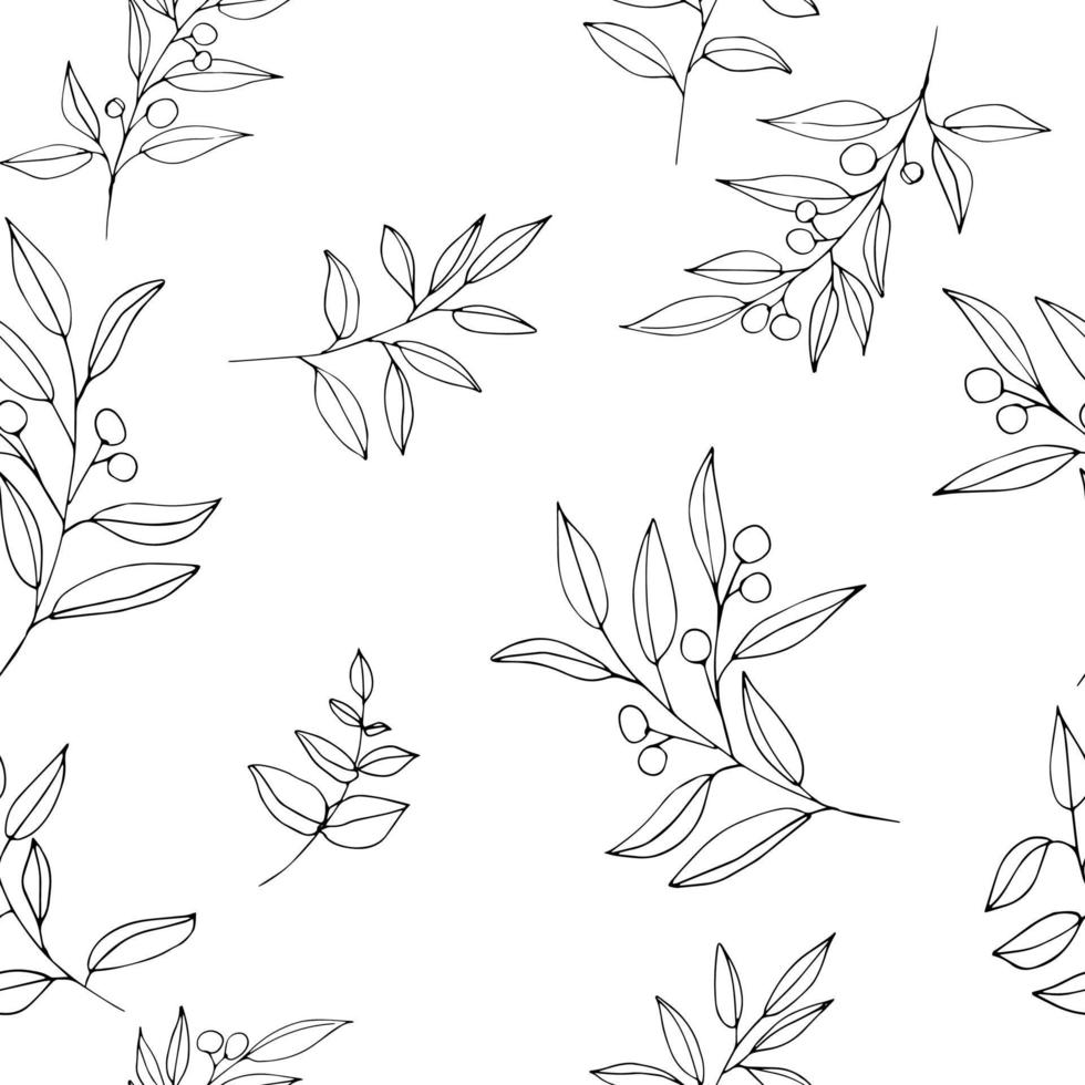 Hand drawing sketching seamless pattern with vector black and gray branches with leaves and berries.. Vector elements for wedding design, logo design, packaging and other ideas