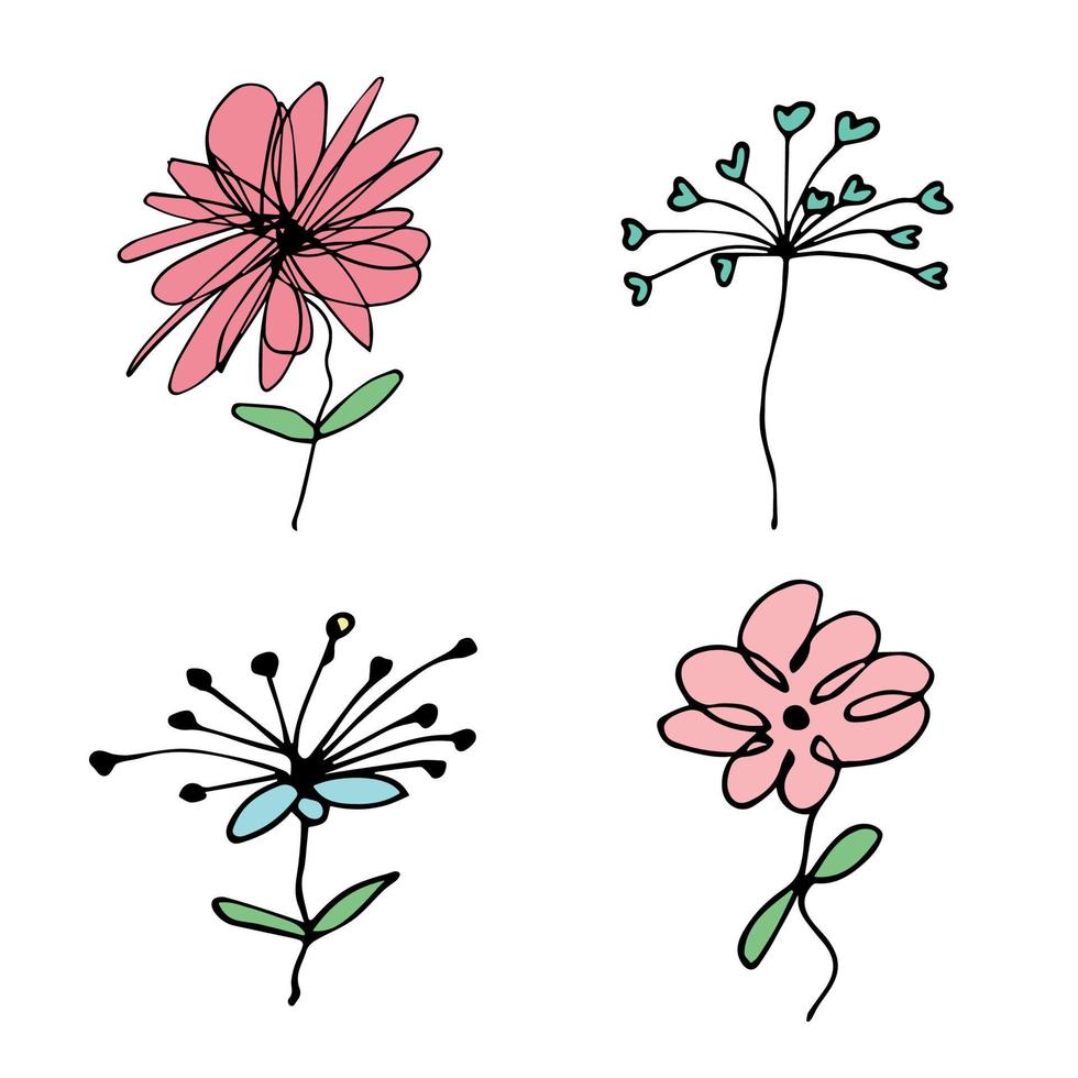 imágenes prediseñadas de flores simples. conjunto de garabatos florales dibujados a mano. para impresión, web, diseño, decoración, logotipo vector