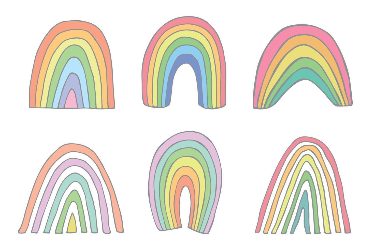 conjunto de arco iris pastel dibujado a mano. elementos decorativos para la impresión de tarjetas de felicitación, niños y ropa de bebé vector