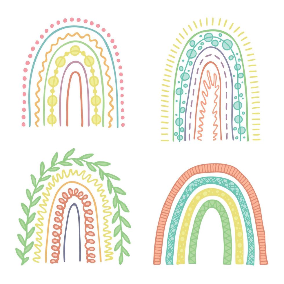 Hand drawn pastel rainbow set. Decorative elements for greeting card, kids and baby clothes print vector